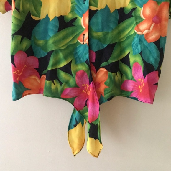Vintage 90s Hawaiian Tropical Floral Tie-Waist Buttonup Cropped Blouse Sz Large - Picture 5 of 6